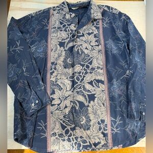 Tommy Bahama Navy and Beige Leaf Print Shirt